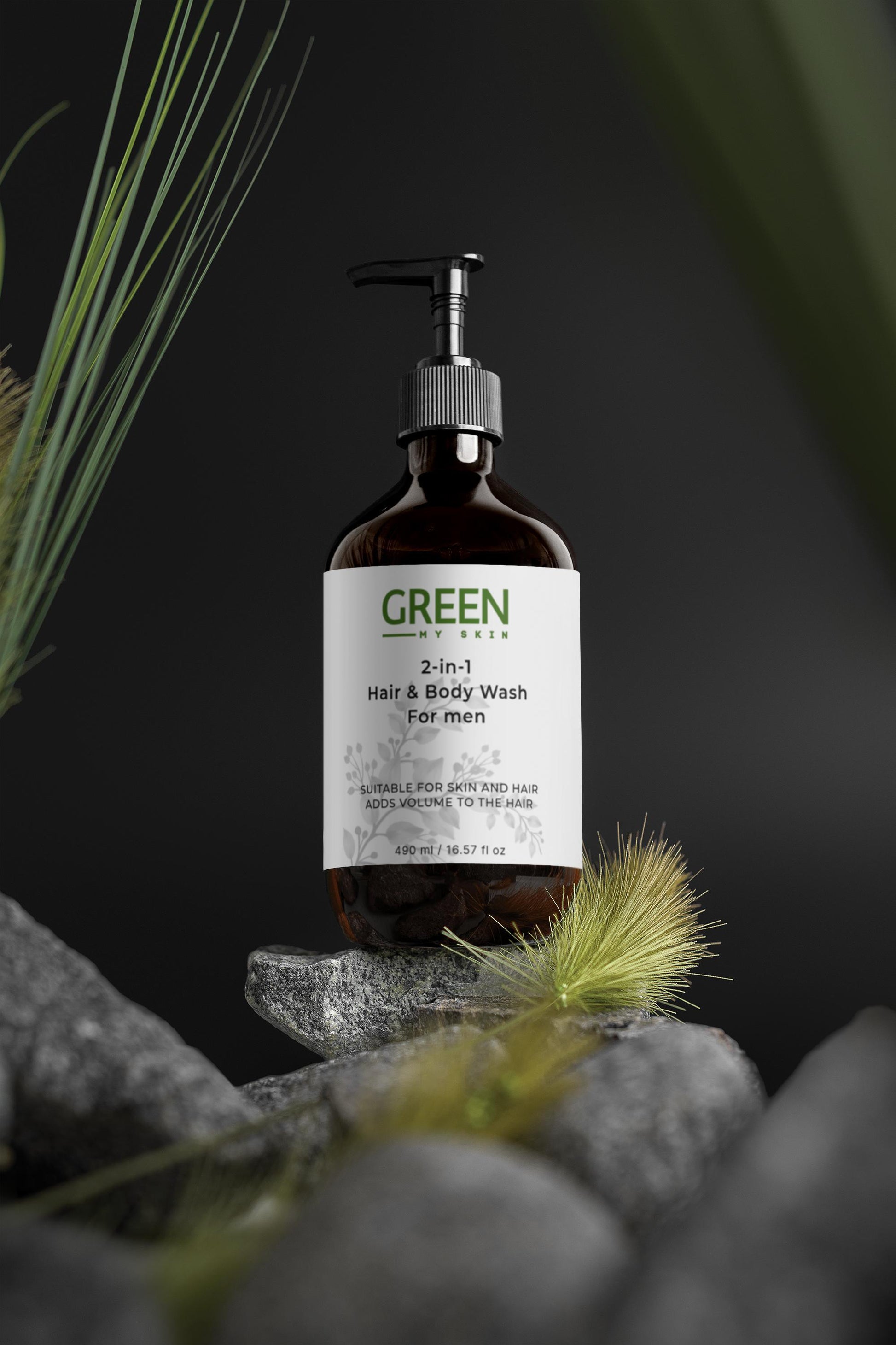 2-in-1 Hair & Body Wash for men from greenmyskin.com, enriched with Betaine and Wheat Protein, cleanses and strengthens hair and skin, perfect for all skin types