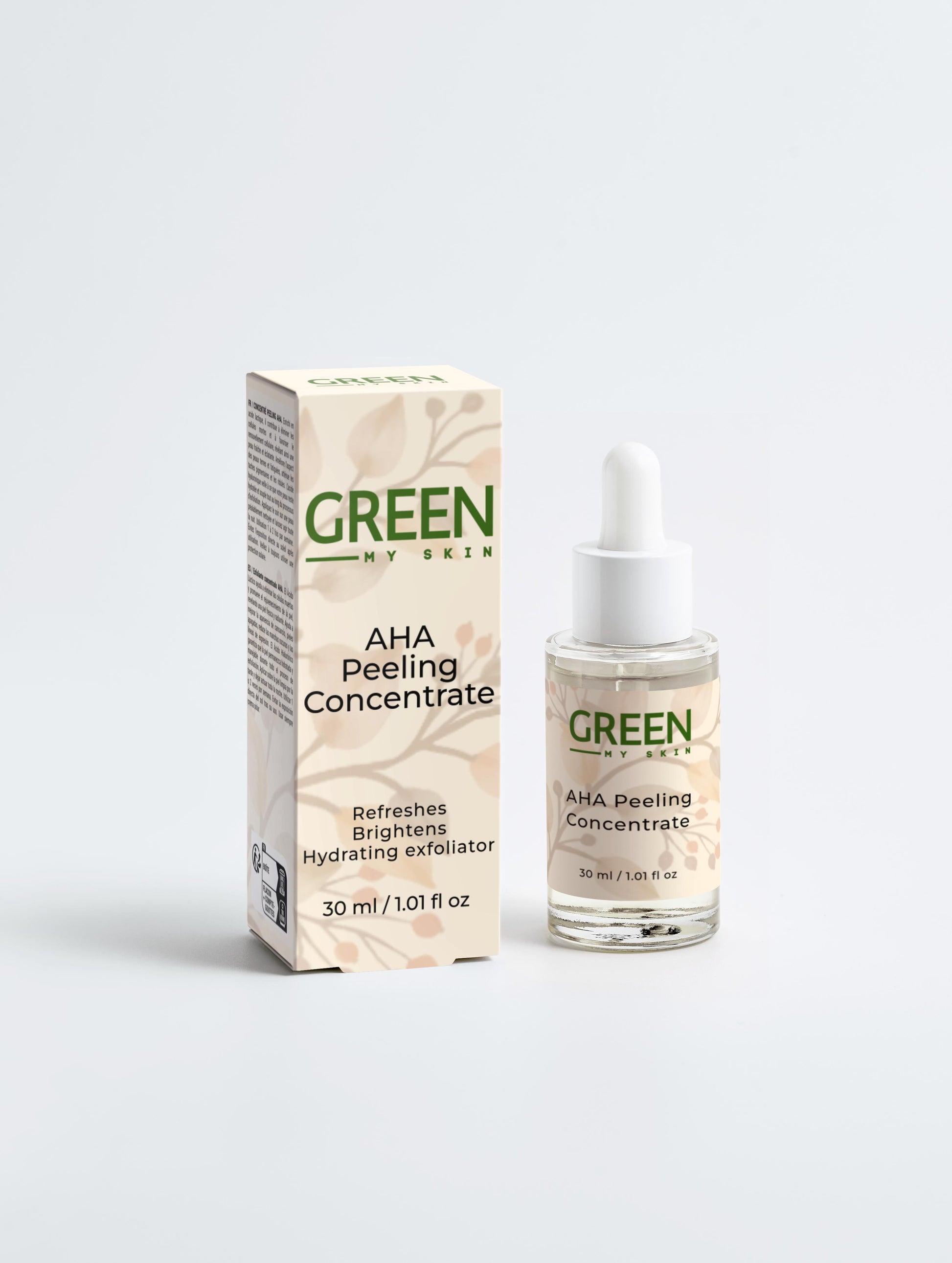 Vegan AHA peeling concentrate with organic, cruelty-free ingredients to exfoliate, brighten, and rejuvenate skin, available at greenmyskin.com.