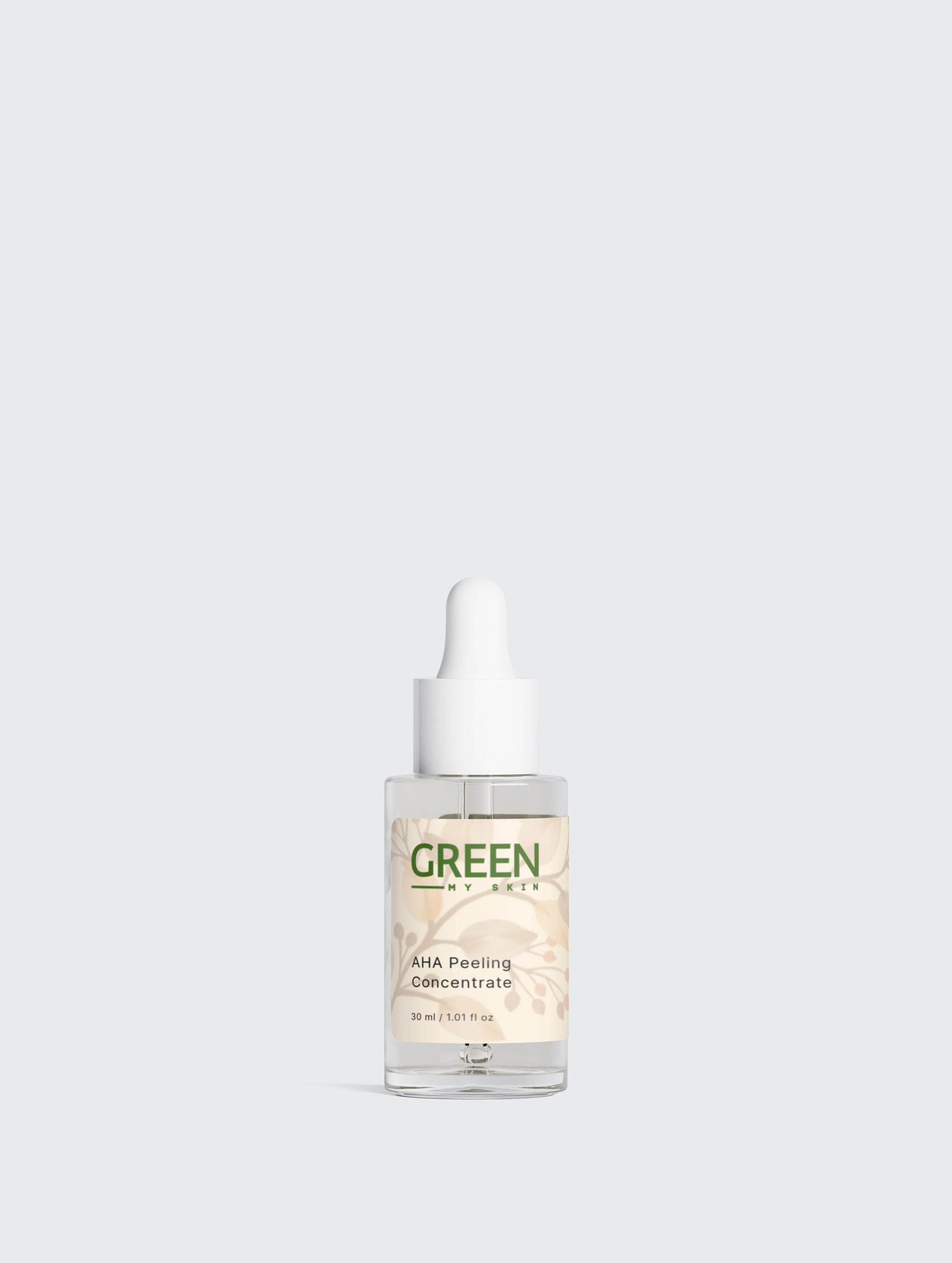 Vegan AHA peeling concentrate with organic, cruelty-free ingredients for exfoliating and brightening skin, available at greenmyskin.com.