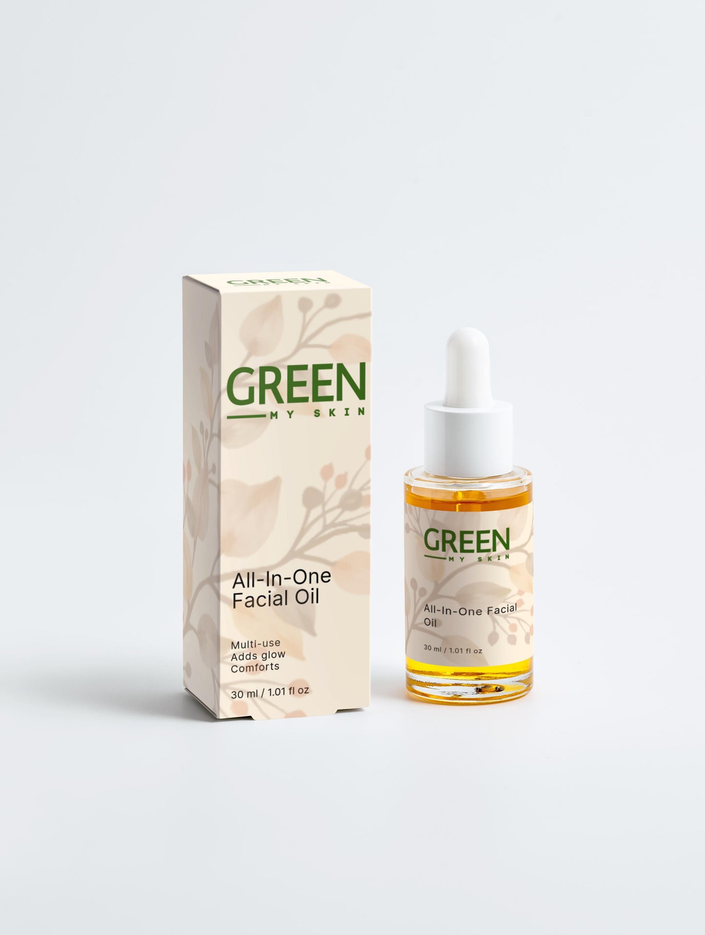 Vegan all-in-one facial oil with organic, cruelty-free ingredients to hydrate, balance, and nourish skin, available at greenmyskin.com.