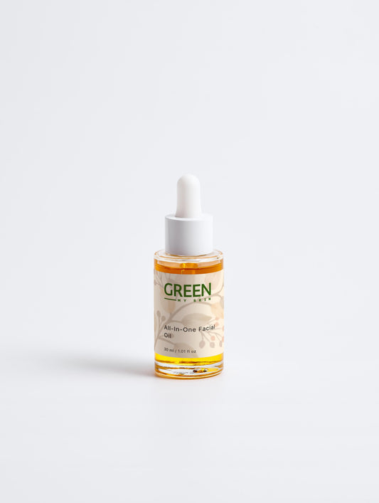 Organic all-in-one facial oil with vegan, cruelty-free ingredients to deeply hydrate, restore, and rejuvenate skin, available at greenmyskin.com.