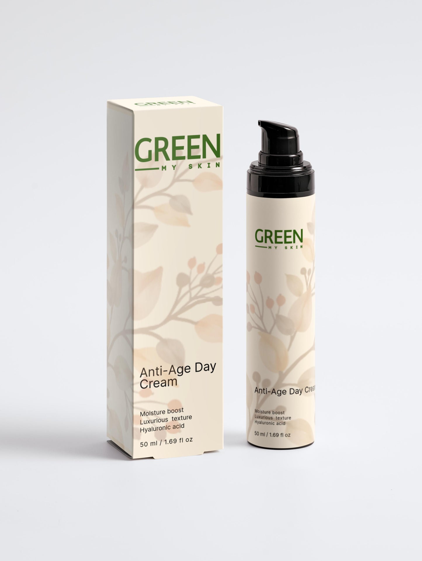 Vegan anti-age day cream with organic, cruelty-free ingredients to reduce fine lines, hydrate, and protect skin, available at greenmyskin.com.