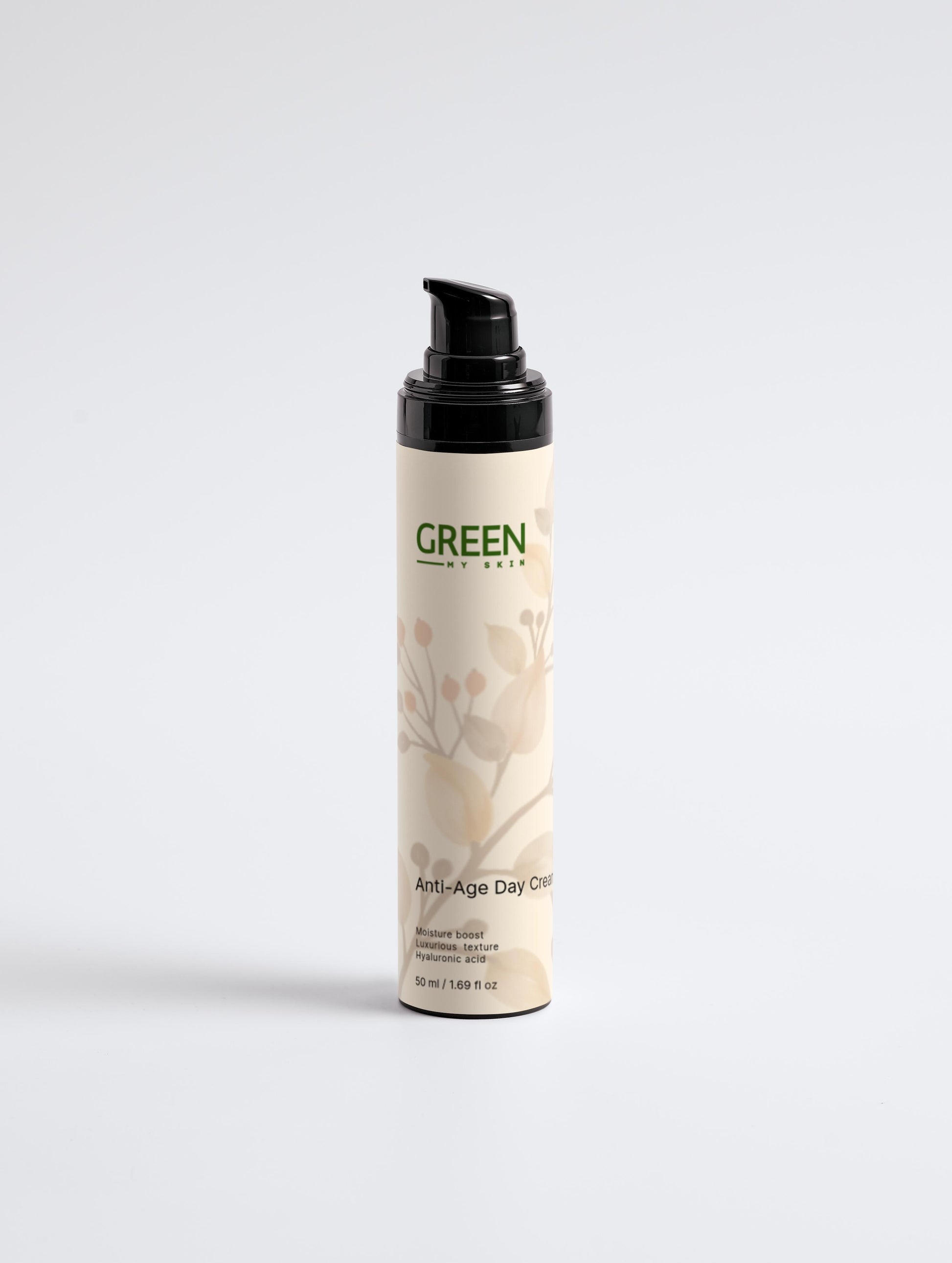 Organic anti-age day cream with vegan, cruelty-free ingredients to reduce wrinkles, hydrate, and rejuvenate skin, available at greenmyskin.com.