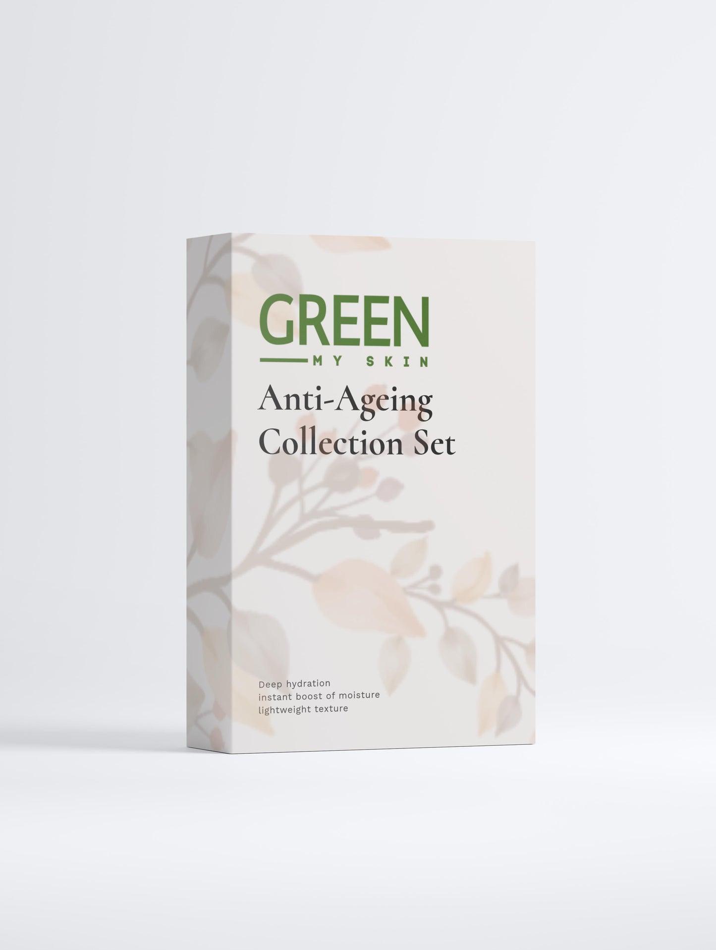 Vegan anti-ageing collection box with organic, cruelty-free skincare products to reduce wrinkles, firm, and rejuvenate skin, available at greenmyskin.com.