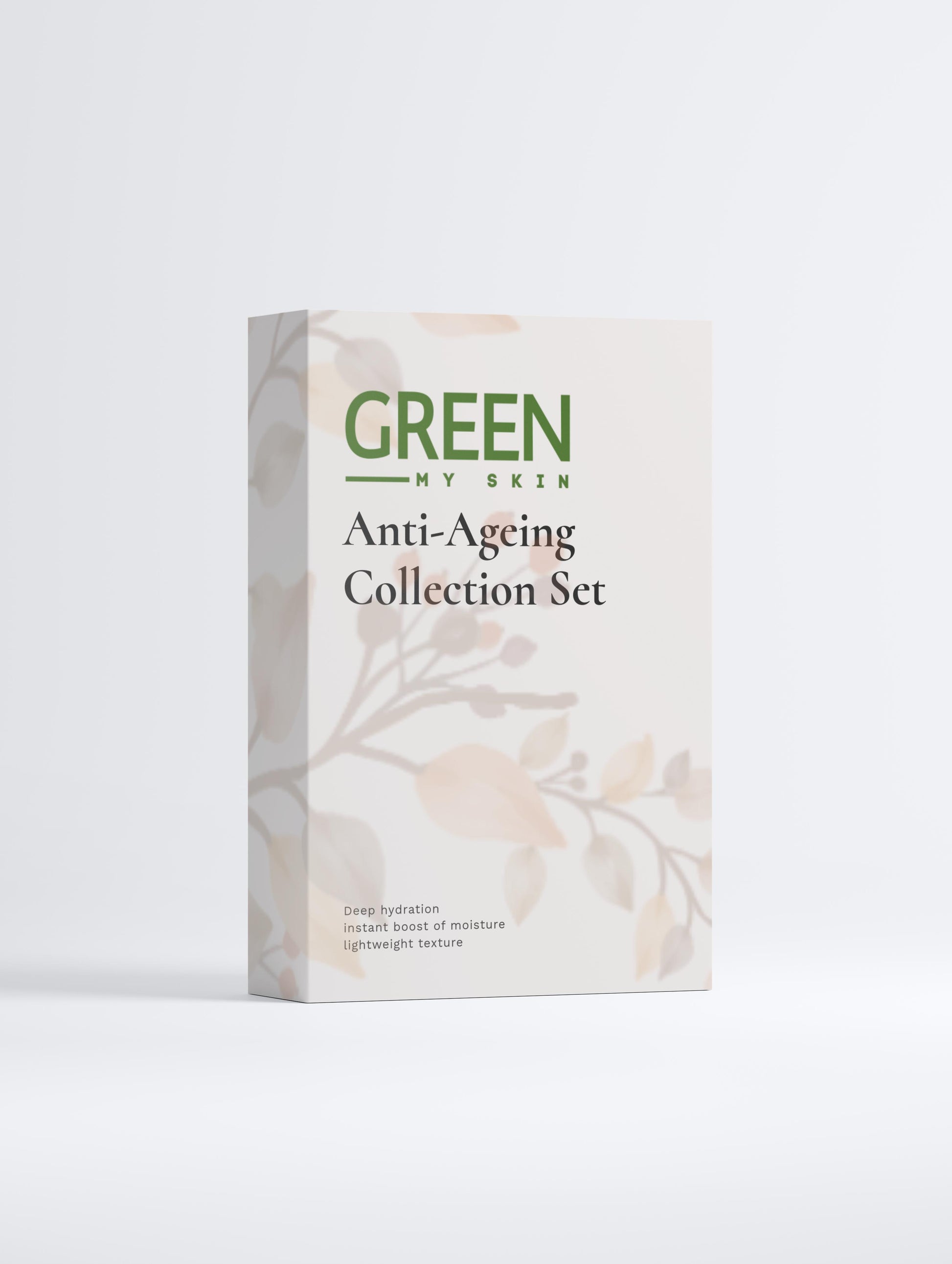 Vegan anti-ageing collection box with organic, cruelty-free skincare products to reduce wrinkles, firm, and rejuvenate skin, available at greenmyskin.com.