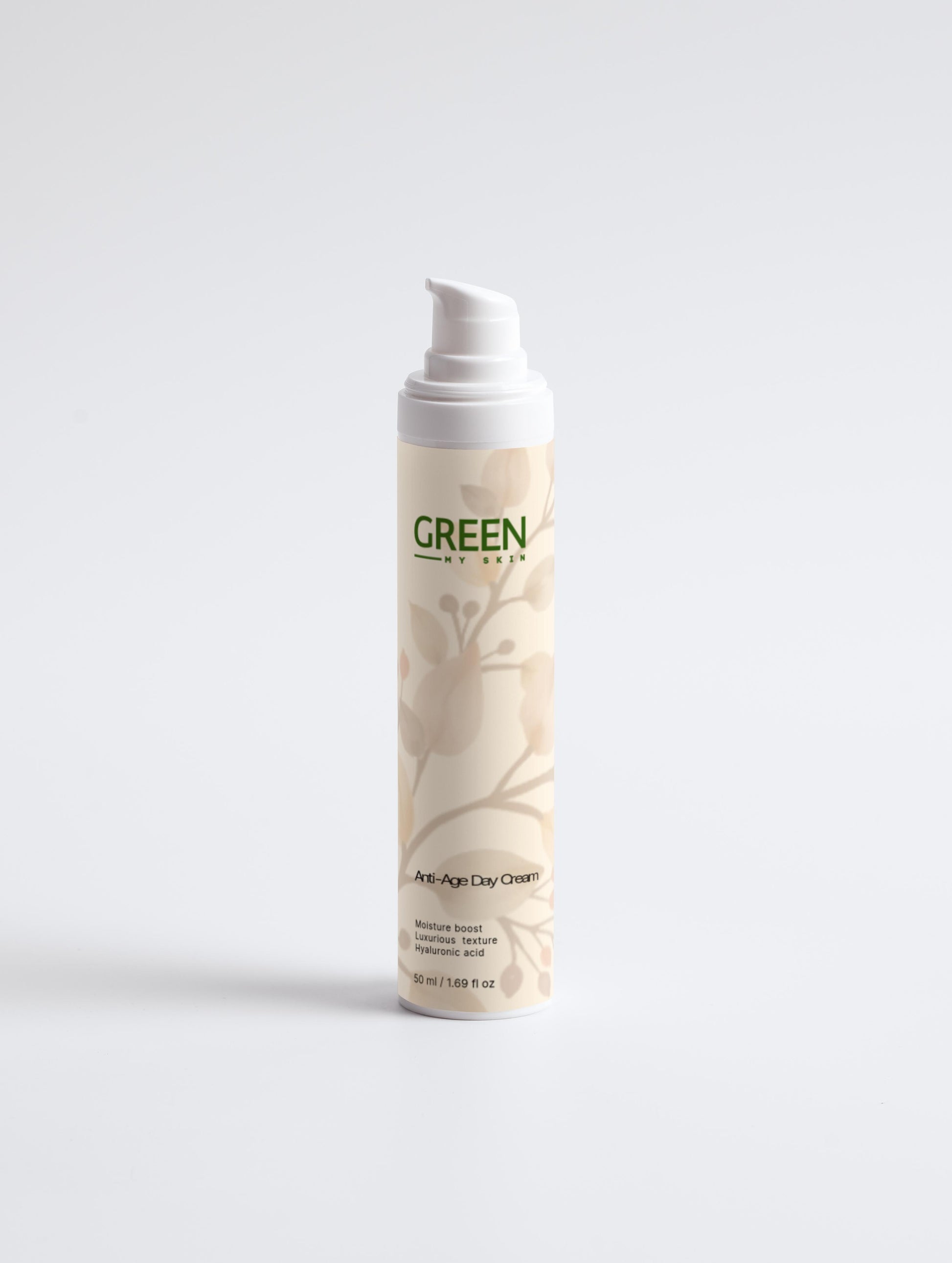 Vegan anti-age day cream with organic, cruelty-free ingredients to reduce wrinkles, hydrate, and firm skin, available at greenmyskin.com.