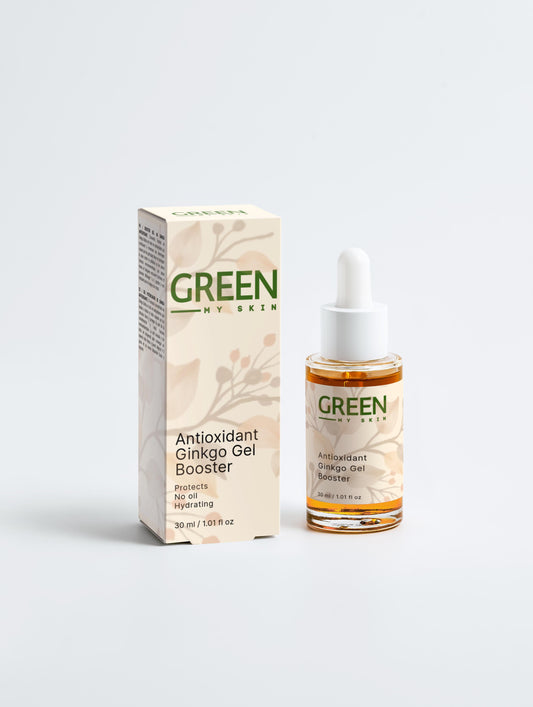 Vegan antioxidant ginkgo gel booster with organic, cruelty-free ingredients to energize, hydrate, and protect skin, available at greenmyskin.com.