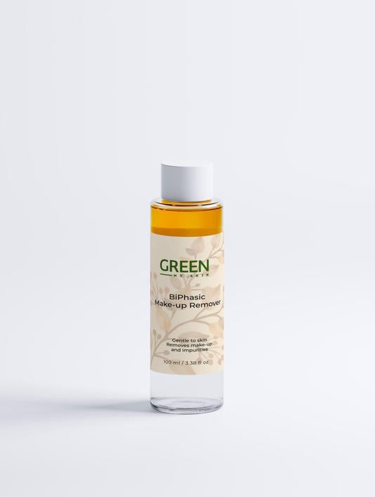 Vegan bi-phasic makeup remover with organic, cruelty-free ingredients to gently remove makeup and cleanse skin without irritation, available at greenmyskin.com.