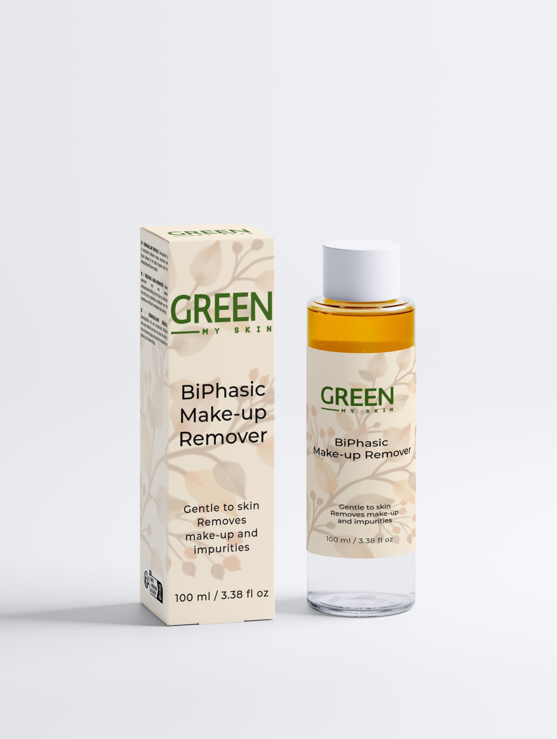 Organic bi-phasic makeup remover with vegan, cruelty-free ingredients to gently cleanse and remove makeup while hydrating skin, available at greenmyskin.com.