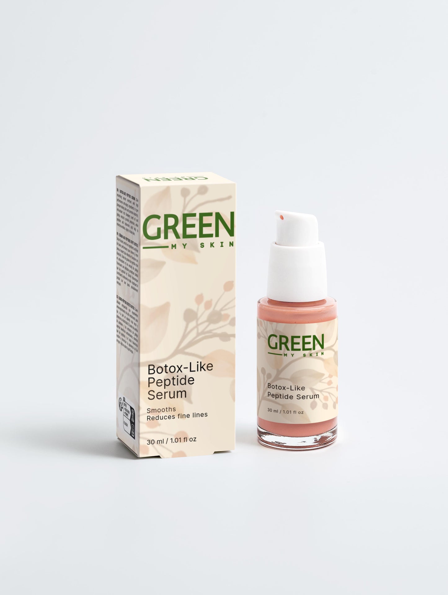 Vegan Botox-like peptide serum with organic, cruelty-free ingredients to visibly reduce wrinkles and fine lines, firm and rejuvenate skin, available at greenmyskin.com