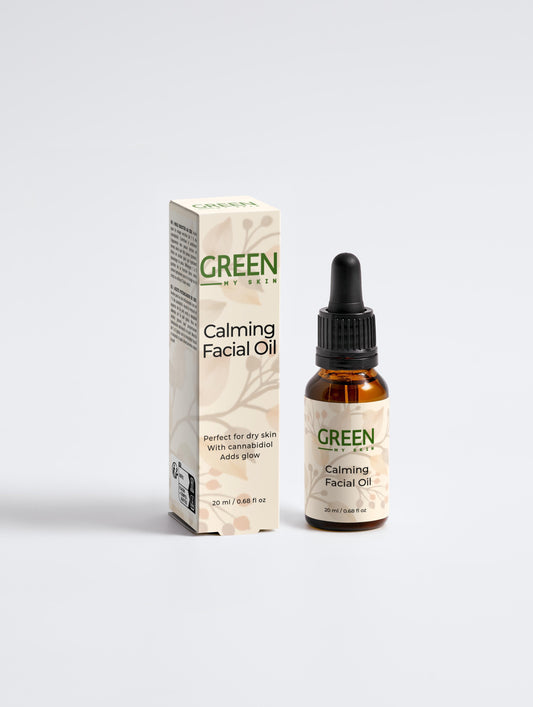 Vegan calming facial oil with organic, cruelty-free ingredients to hydrate, soothe, and balance sensitive skin, available at greenmyskin.com