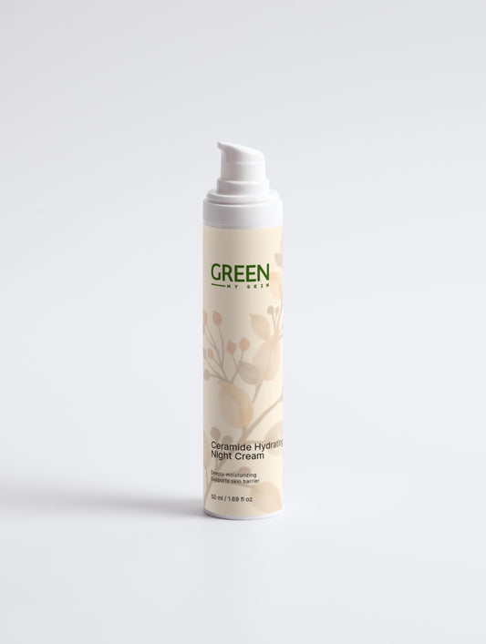 Vegan ceramide hydrating night cream with organic, cruelty-free ingredients to nourish, repair, and restore skin overnight, available at greenmyskin.com.