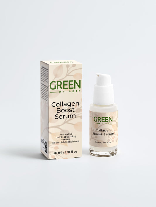 Vegan collagen boost serum with organic, cruelty-free ingredients to firm, hydrate, and promote youthful skin, available at greenmyskin.com.