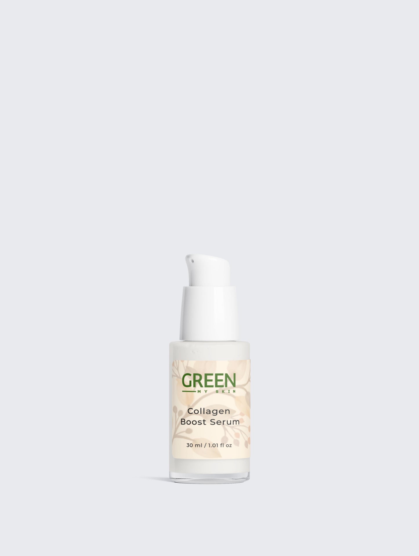 Vegan collagen boost serum with organic, cruelty-free ingredients to firm, hydrate, and promote youthful skin, available at greenmyskin.com.