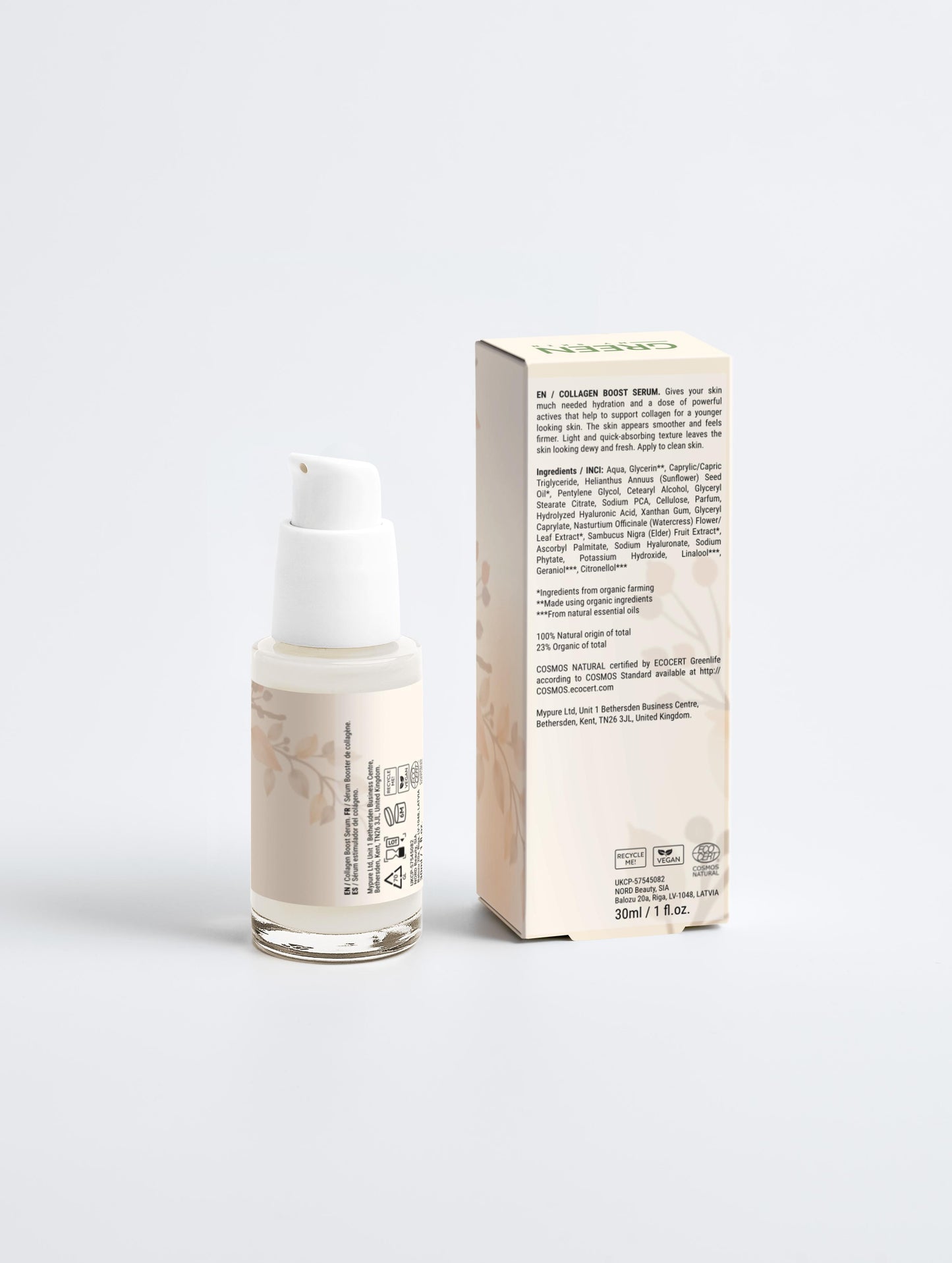 Vegan collagen boost serum with organic, cruelty-free ingredients to firm, hydrate, and promote youthful skin, available at greenmyskin.com.