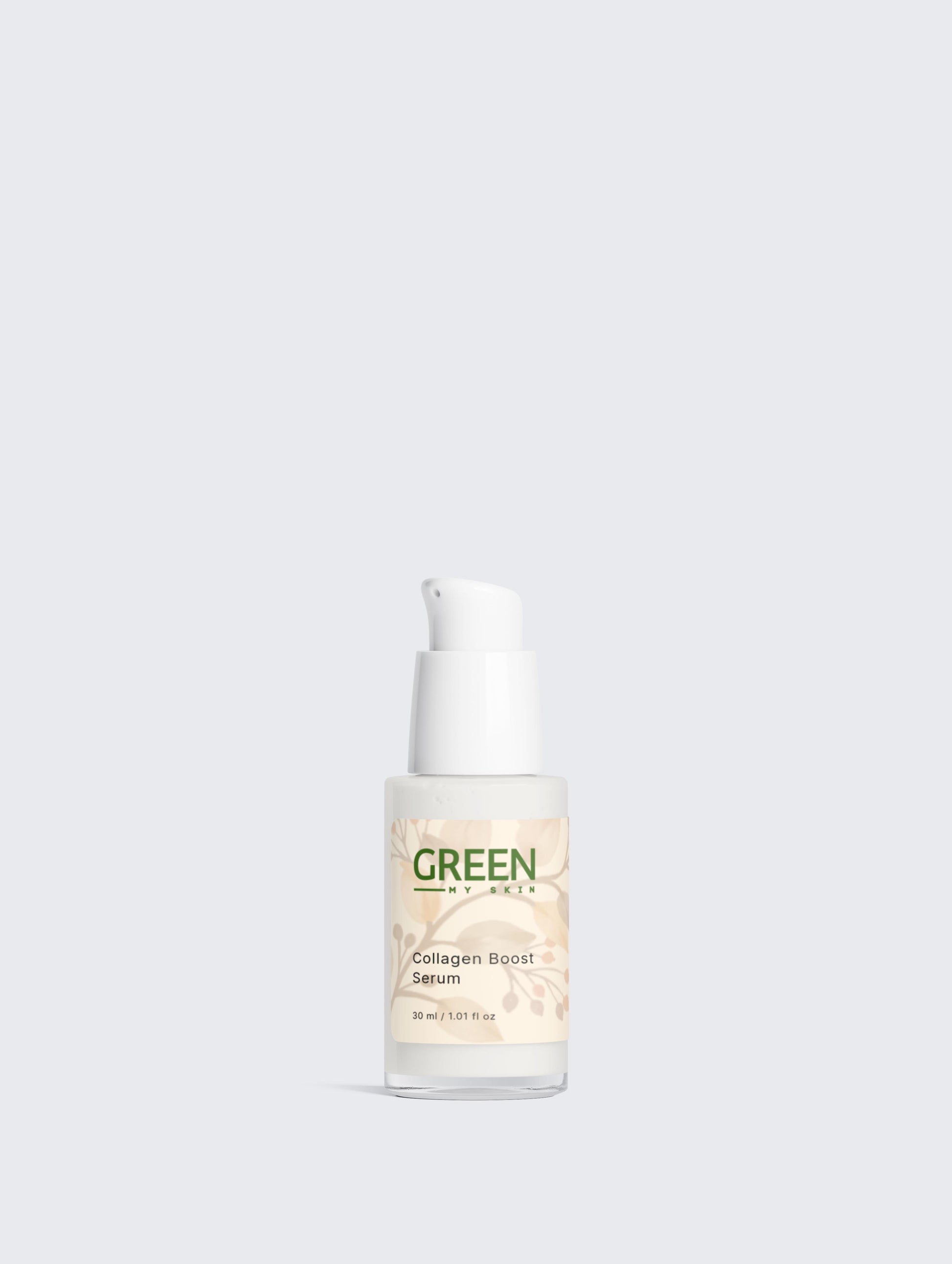 Vegan collagen boost serum with organic, cruelty-free ingredients to firm, hydrate, and promote youthful skin, available at greenmyskin.com.