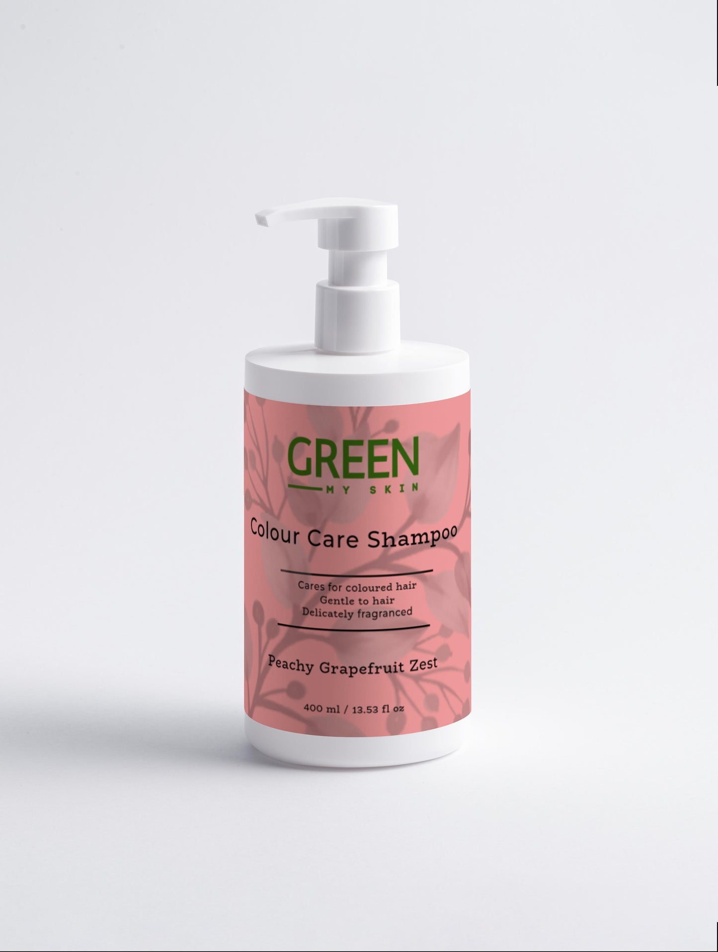 Vegan colour care shampoo with organic, cruelty-free ingredients and a refreshing peachy grapefruit zest scent to nourish and protect coloured hair, available at greenmyskin.com.