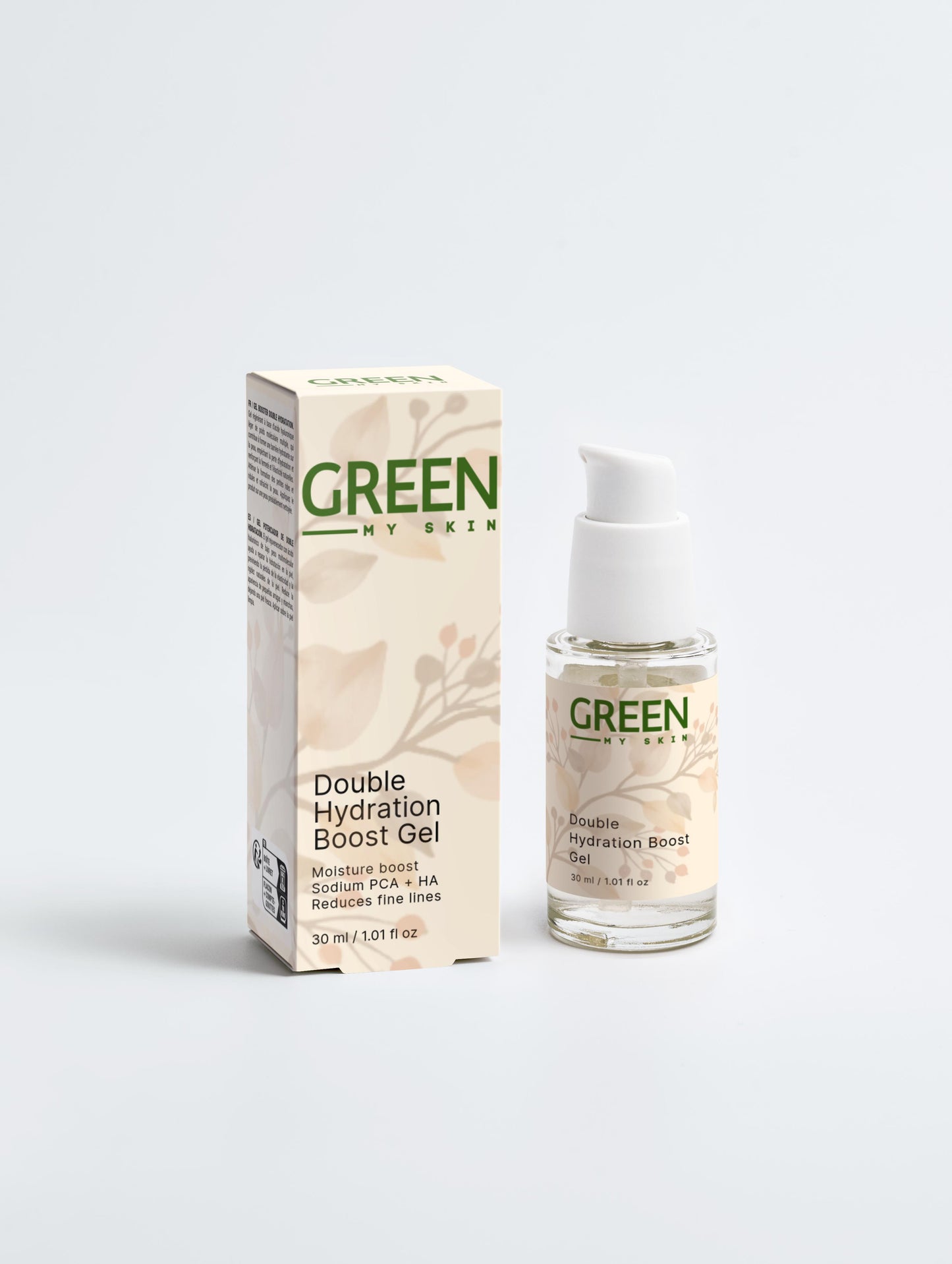 Vegan double hydration boost gel with organic, cruelty-free ingredients to deeply hydrate, refresh, and replenish skin, available at greenmyskin.com.