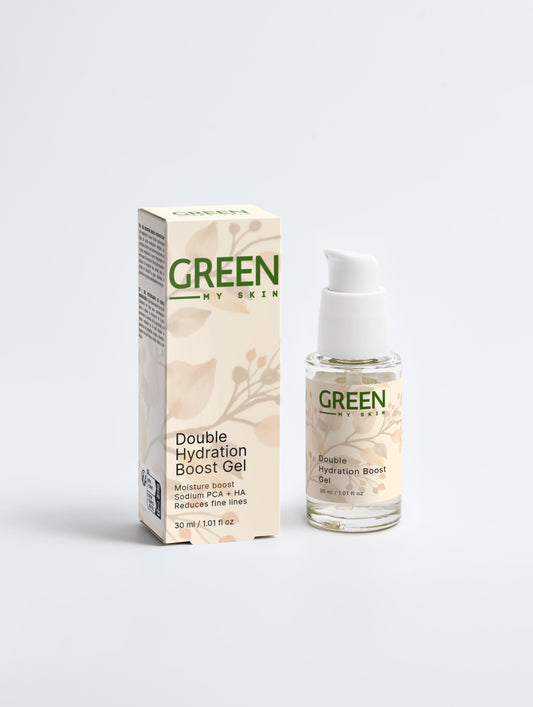 Vegan double hydration boost gel with organic, cruelty-free ingredients to deeply hydrate, refresh, and replenish skin, available at greenmyskin.com.