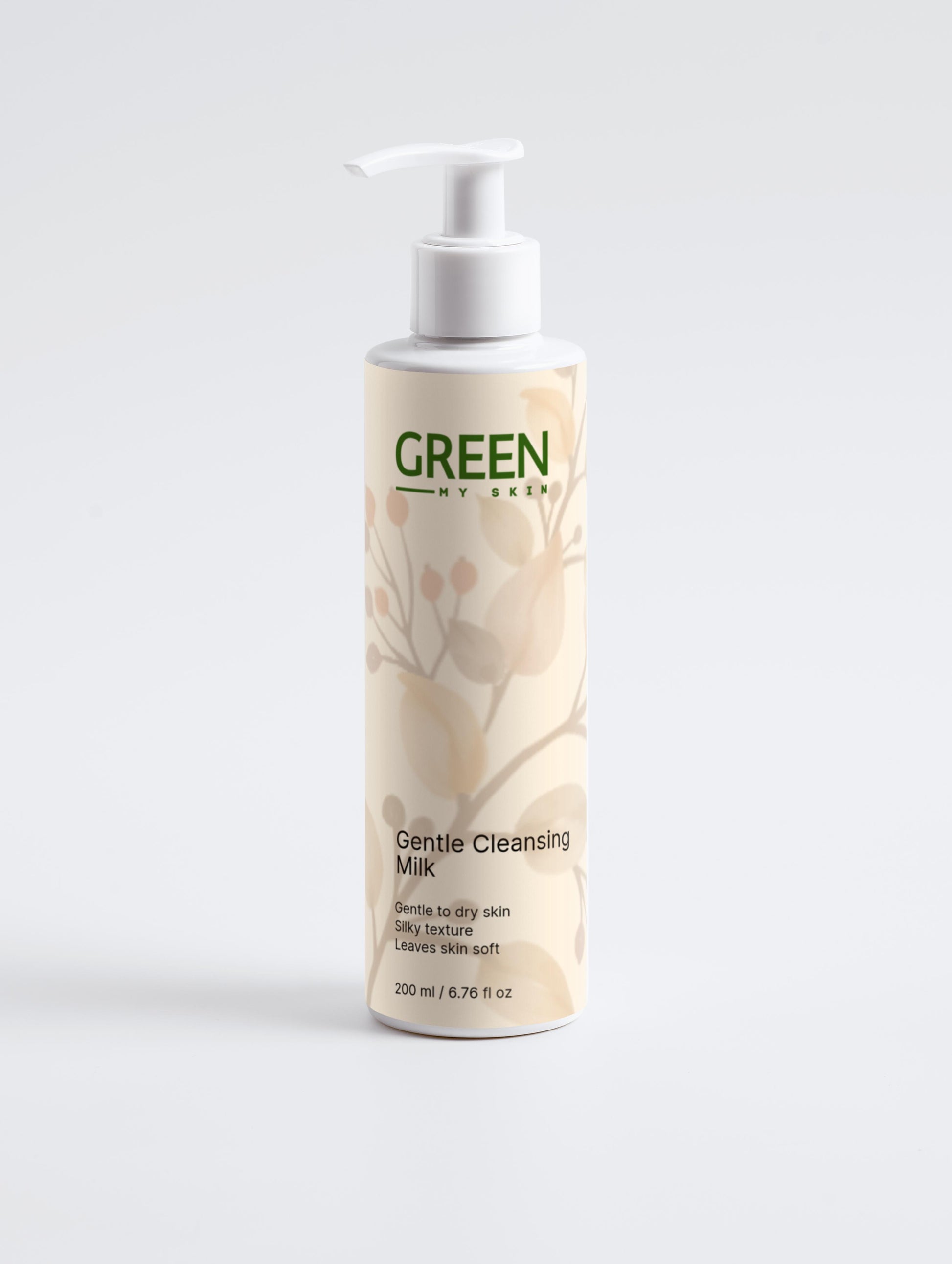 Vegan gentle cleansing milk with organic, cruelty-free ingredients to remove impurities and makeup while soothing and hydrating skin, available at greenmyskin.com.