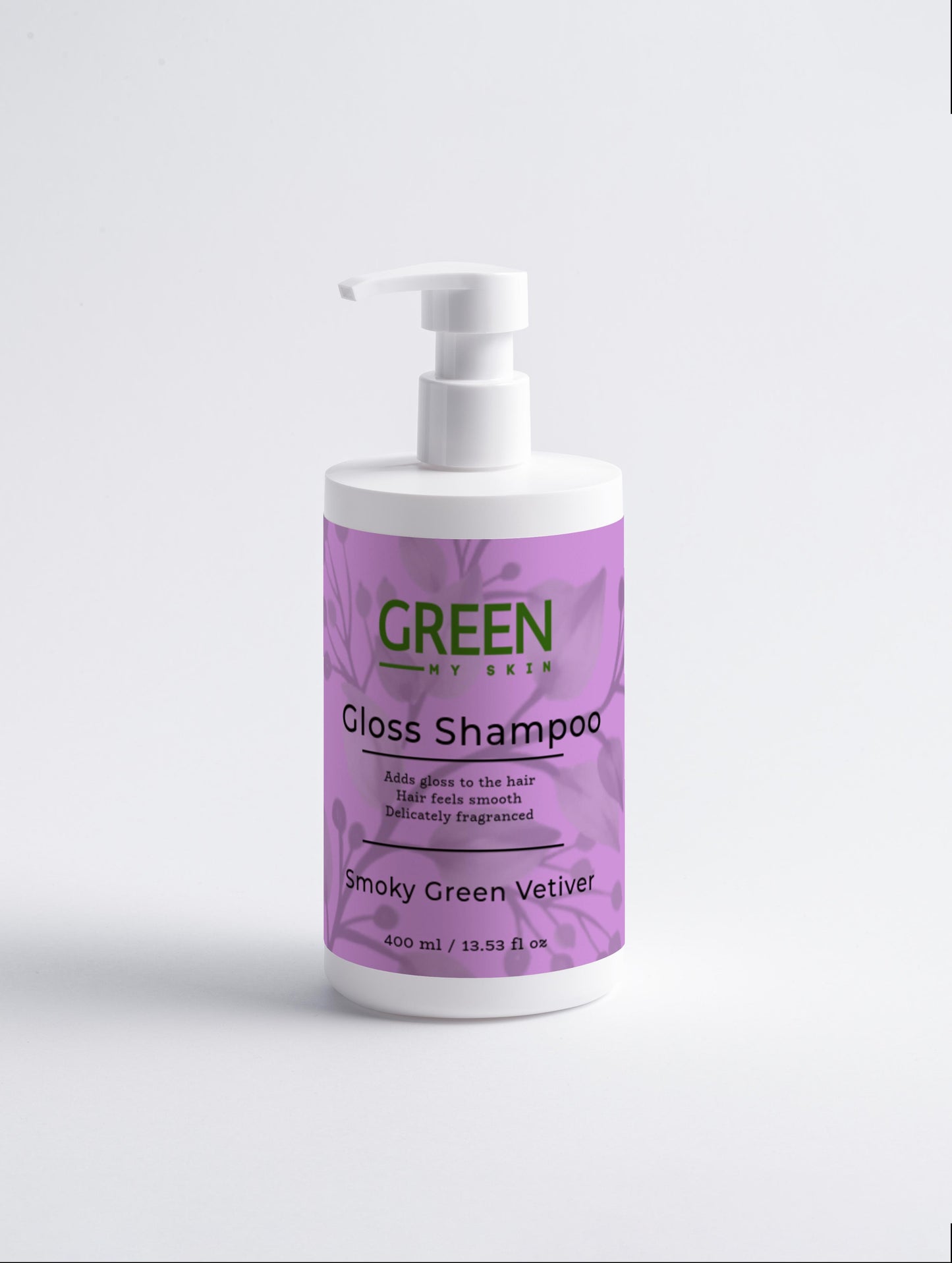 Vegan gloss shampoo with organic, cruelty-free ingredients and a smoky green vetiver scent to cleanse, hydrate, and enhance hair shine, available at greenmyskin.com