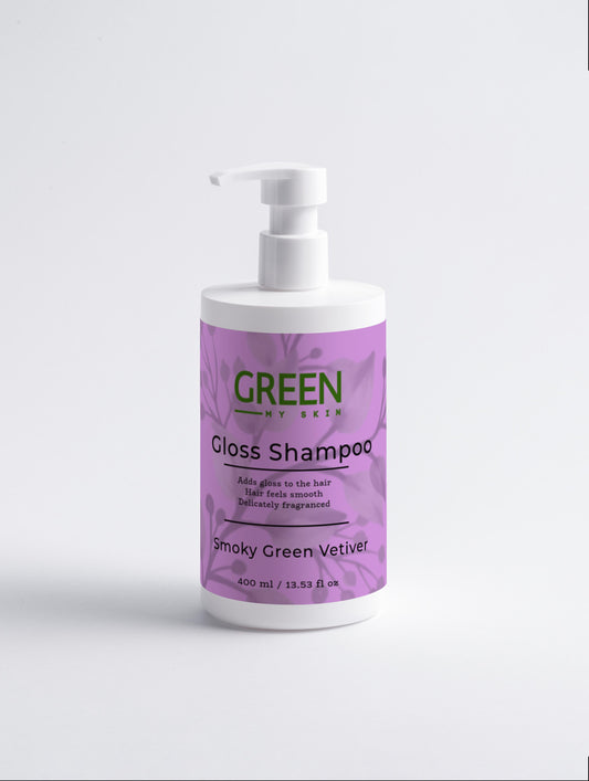 Vegan gloss shampoo with organic, cruelty-free ingredients and a smoky green vetiver scent to cleanse, hydrate, and enhance hair shine, available at greenmyskin.com