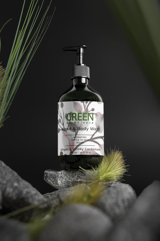 Vegan hand and body wash with organic, cruelty-free ingredients and a refreshing ginger and smoky cardamom scent, available at greenmyskin.com.