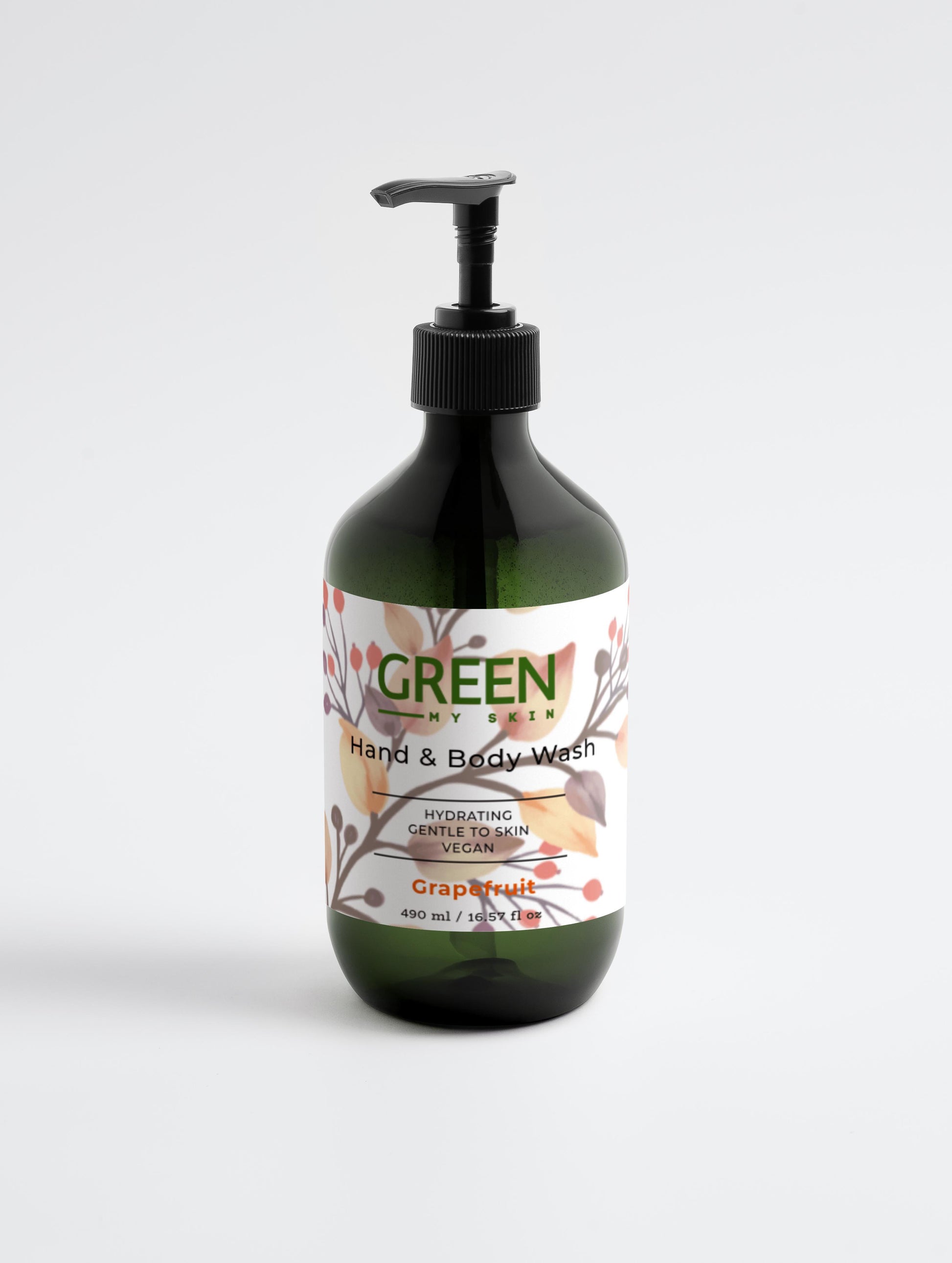 Vegan hand and body wash with organic, cruelty-free ingredients and a refreshing grapefruit scent to cleanse and invigorate skin, available at greenmyskin.com.