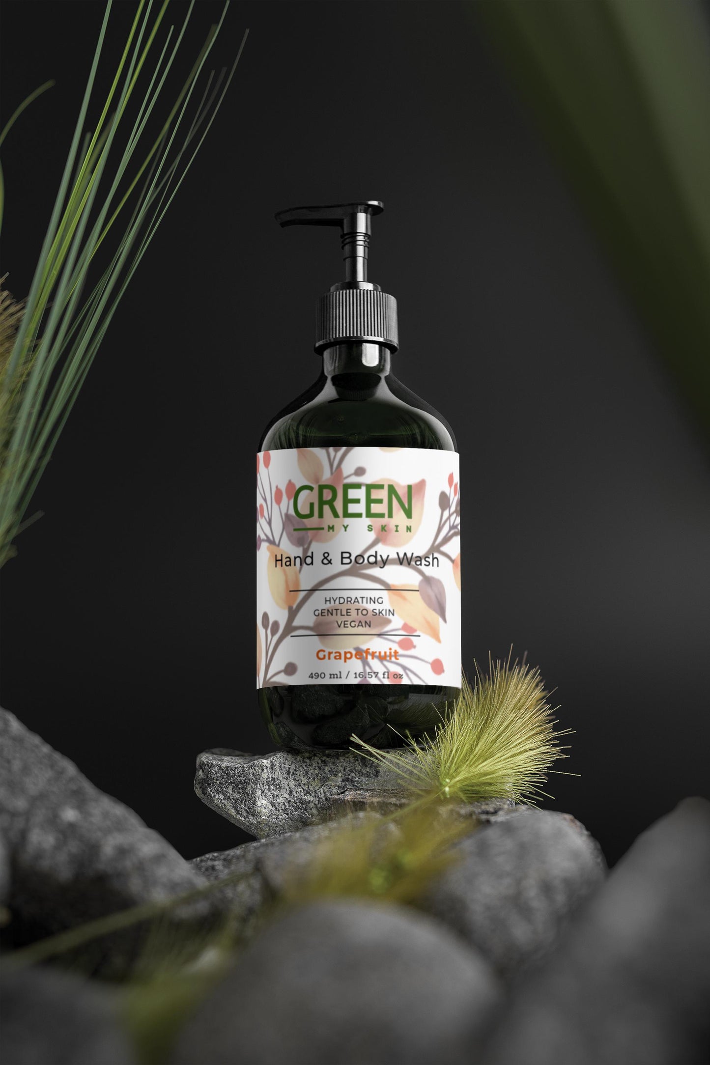 Vegan hand and body wash with organic, cruelty-free ingredients and a refreshing grapefruit scent to cleanse and invigorate skin, available at greenmyskin.com.