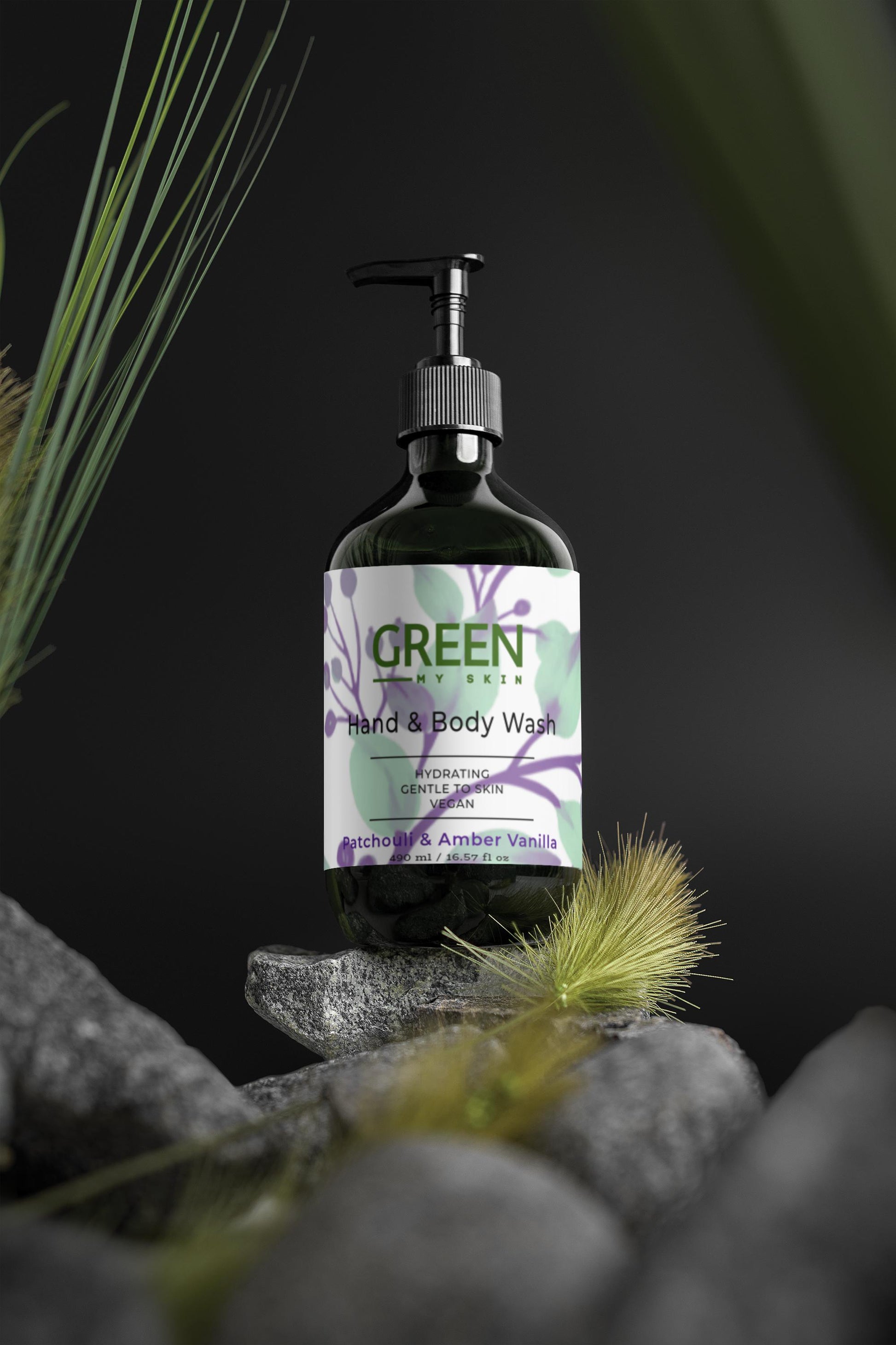 "Vegan hand and body wash with organic, cruelty-free ingredients and a warm patchouli and amber vanilla scent to cleanse and nourish skin, available at greenmyskin.com.