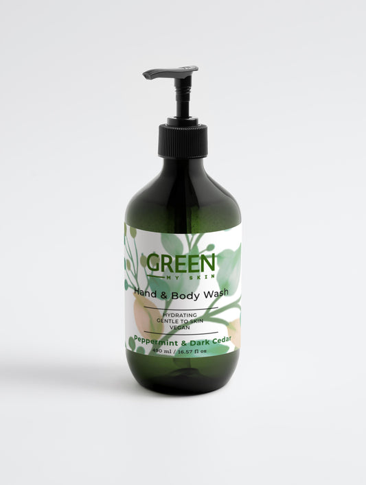 Vegan hand and body wash with organic, cruelty-free ingredients and a refreshing peppermint and dark cedar scent to cleanse and revitalize skin, available at greenmyskin.com.