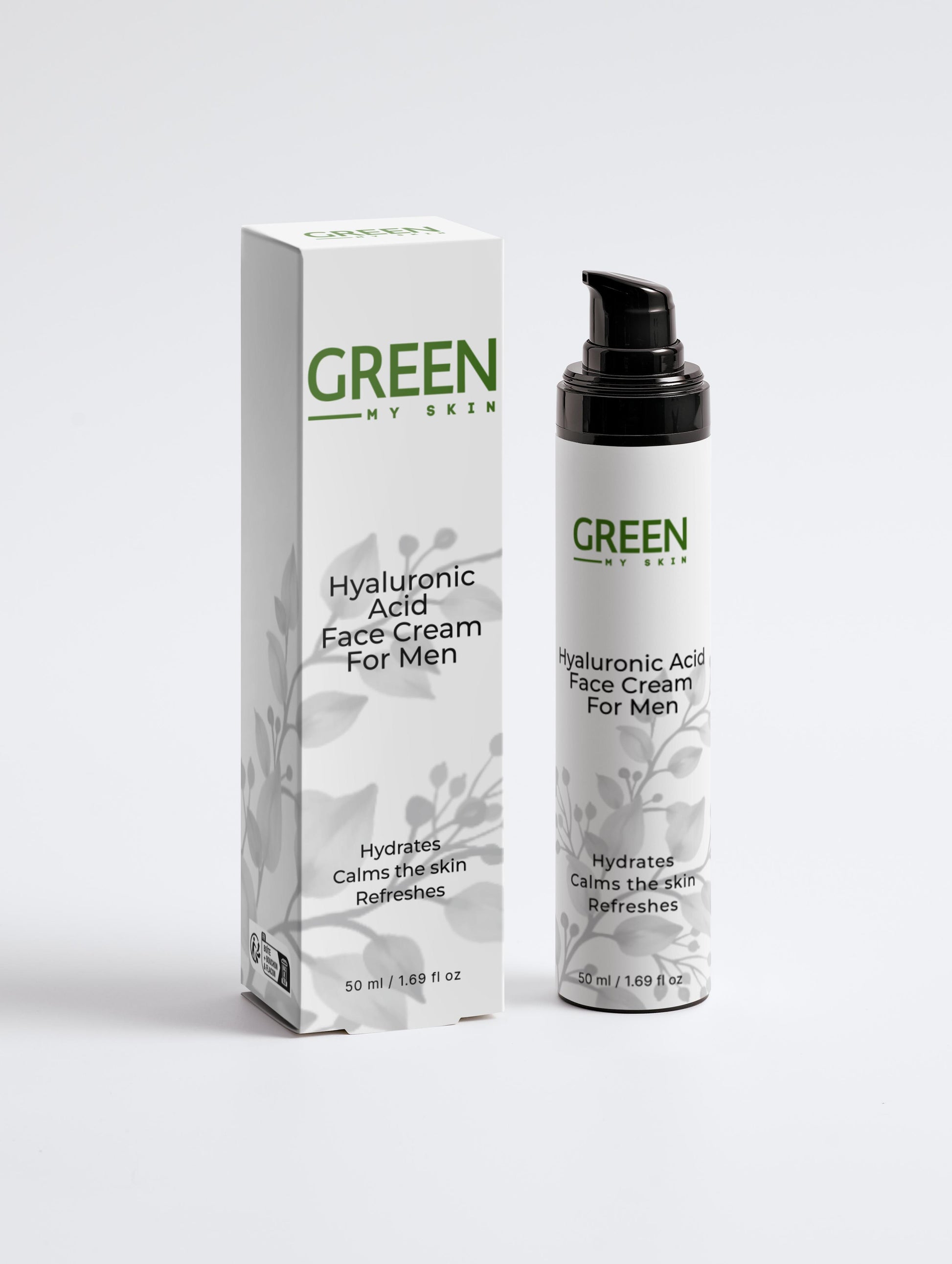 Vegan hyaluronic acid face cream for men with organic, cruelty-free ingredients to hydrate, smooth, and rejuvenate skin, available at greenmyskin.com.