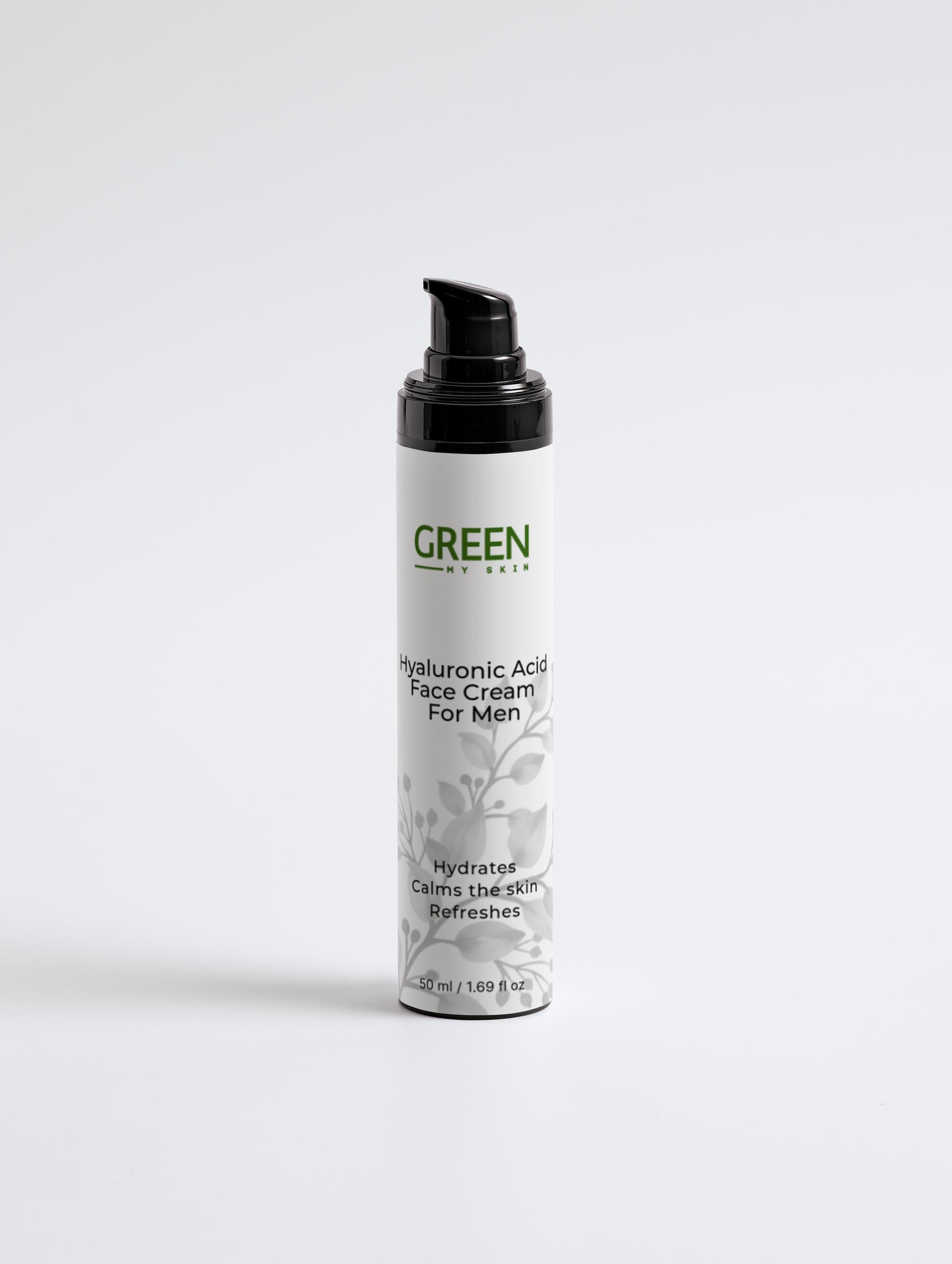 Vegan hyaluronic acid face cream for men with organic, cruelty-free ingredients to hydrate, smooth, and rejuvenate skin, available at greenmyskin.com.