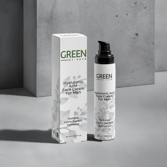Vegan hyaluronic acid face cream for men with organic, cruelty-free ingredients to hydrate, smooth, and rejuvenate skin, available at greenmyskin.com.