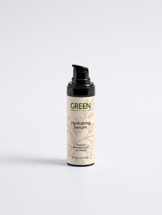 Vegan hydrating serum with organic, cruelty-free ingredients to deeply moisturize, replenish, and revitalize skin, available at greenmyskin.com.