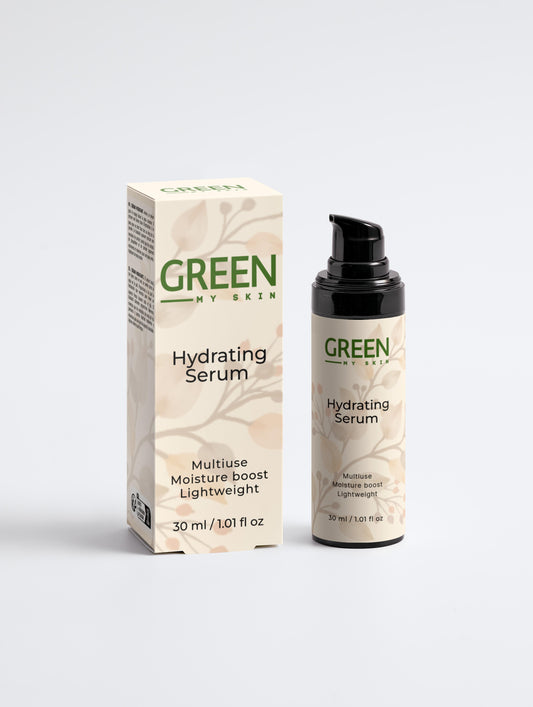 Vegan hydrating serum with organic, cruelty-free ingredients to deeply moisturize, replenish, and revitalize skin, available at greenmyskin.com.