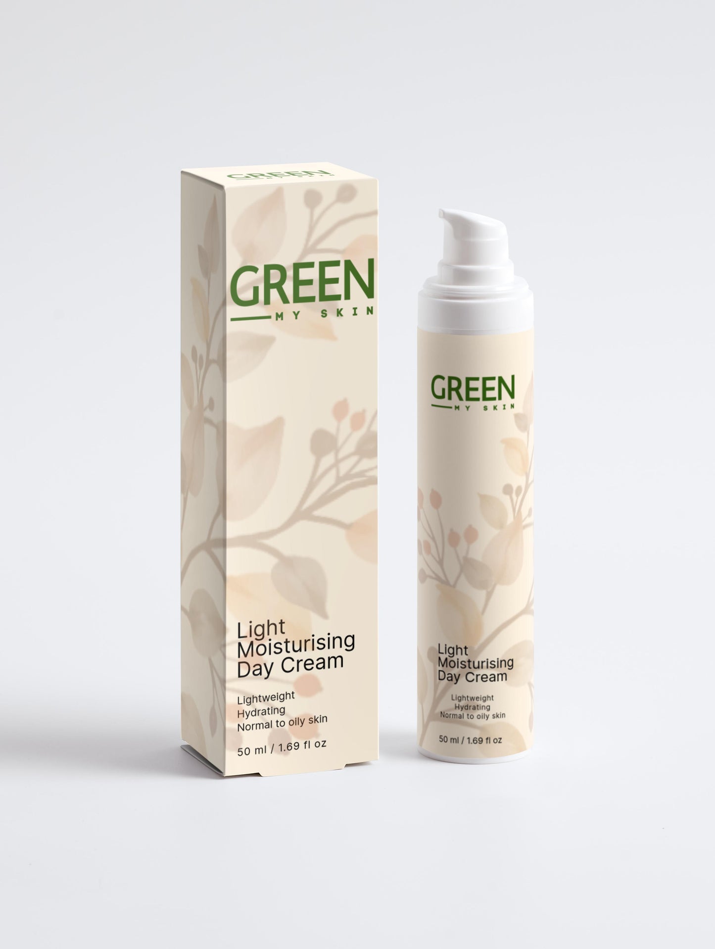 Organic light moisturising day cream with vegan, cruelty-free ingredients to hydrate and protect skin for a smooth, refreshed look, available at greenmyskin.com.