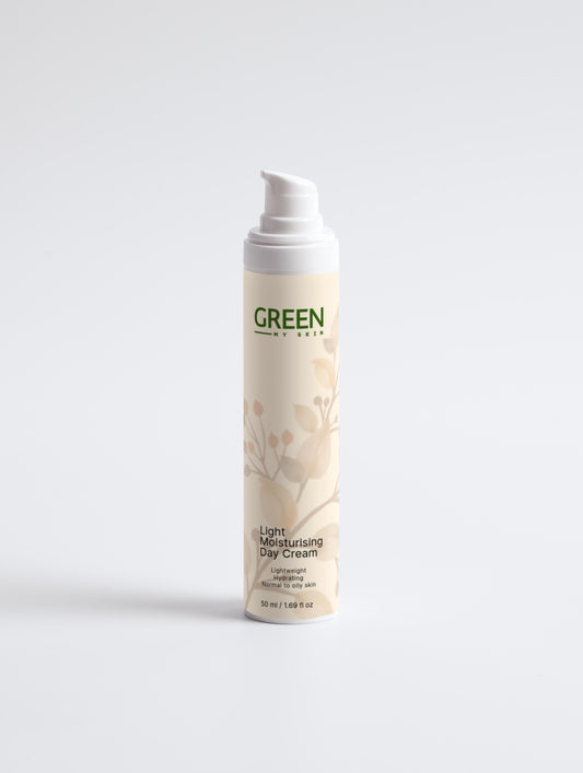 Organic light moisturising day cream with vegan, cruelty-free ingredients to hydrate and protect skin for a smooth, refreshed look, available at greenmyskin.com.