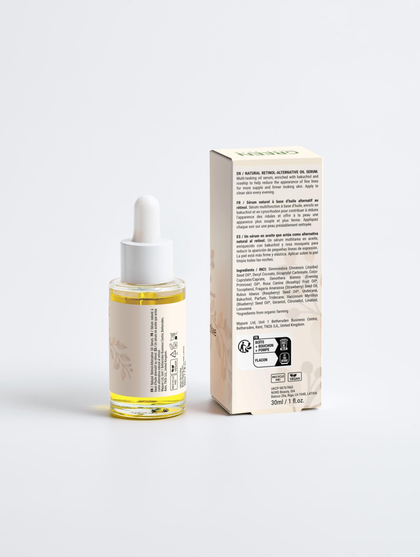 Vegan natural retinol-alternative oil serum with organic, cruelty-free ingredients to reduce fine lines and boost skin’s radiance, available at greenmyskin.com.