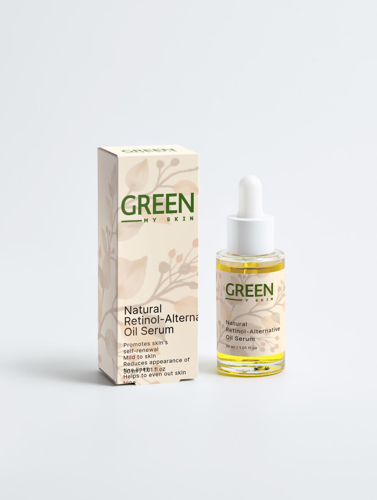 Vegan natural retinol-alternative oil serum with organic, cruelty-free ingredients to reduce fine lines and boost skin’s radiance, available at greenmyskin.com.