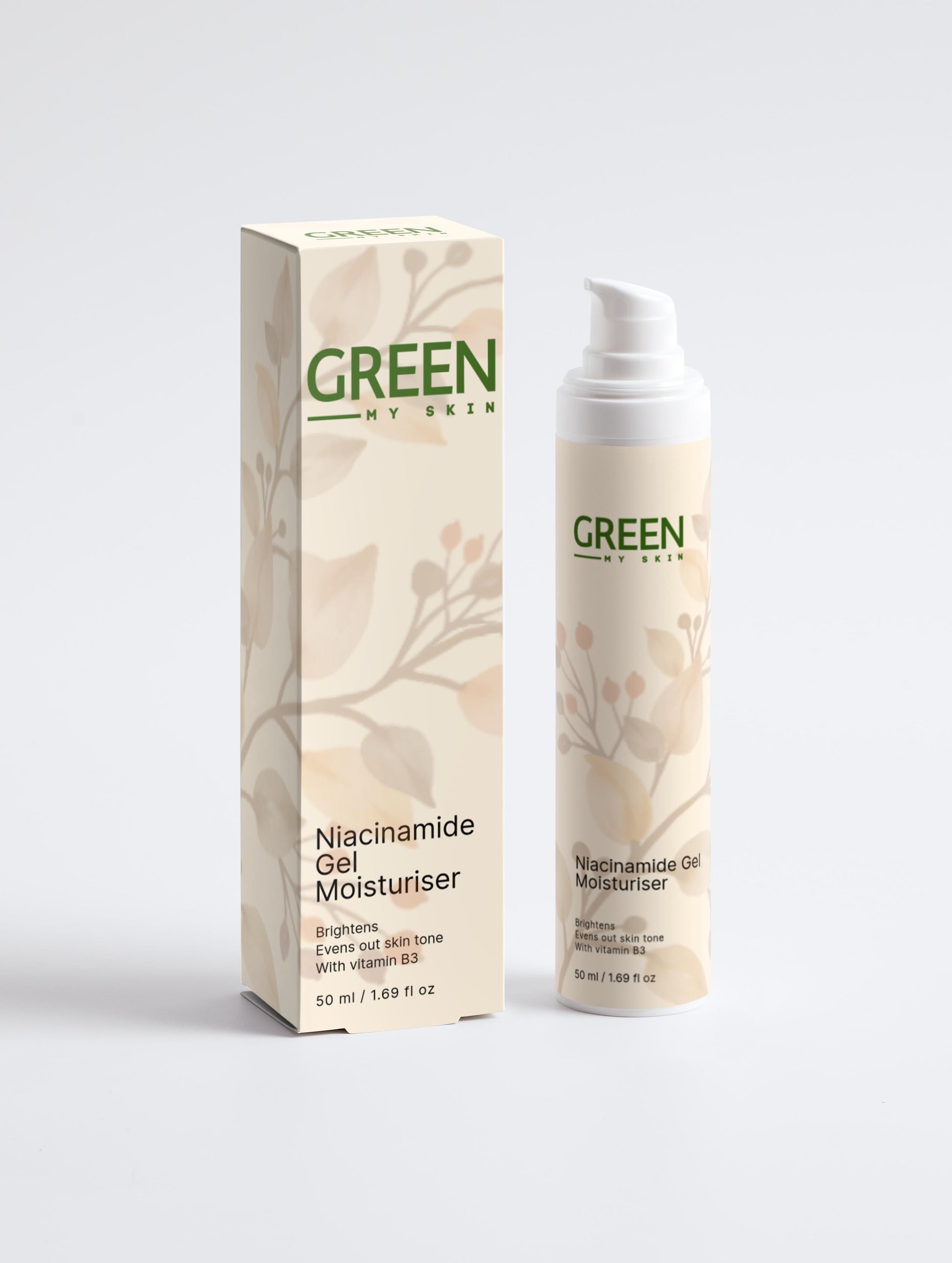 Vegan niacinamide gel moisturiser with organic, cruelty-free ingredients to hydrate, brighten, and even skin tone, available at greenmyskin.com.