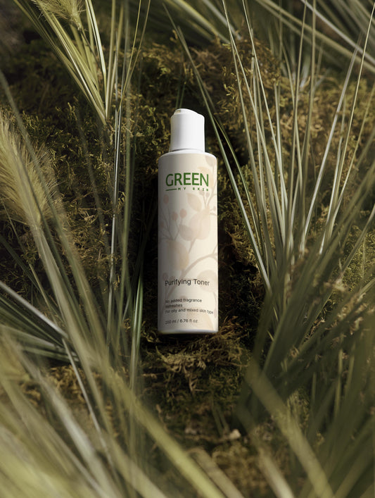 Vegan purifying toner with organic, cruelty-free ingredients to cleanse, balance, and refine pores, available at greenmyskin.com.