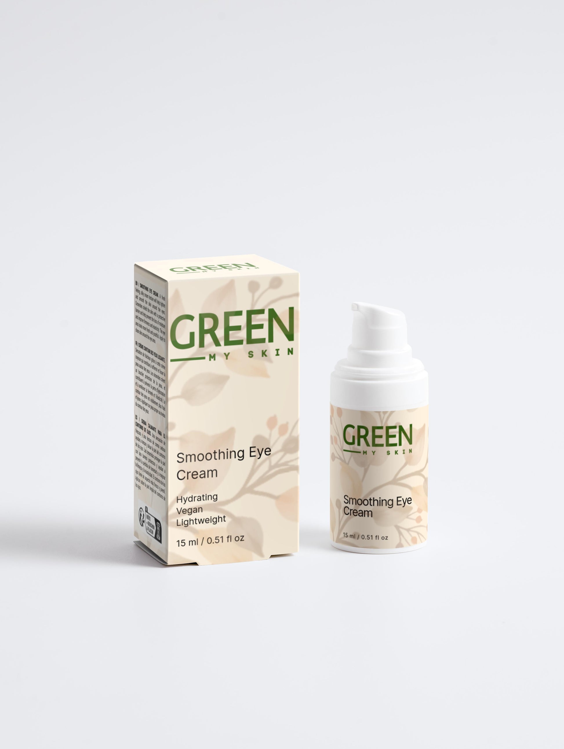 Vegan smoothing eye cream with organic, cruelty-free ingredients to reduce puffiness, dark circles, and fine lines around the eyes, available at greenmyskin.com.