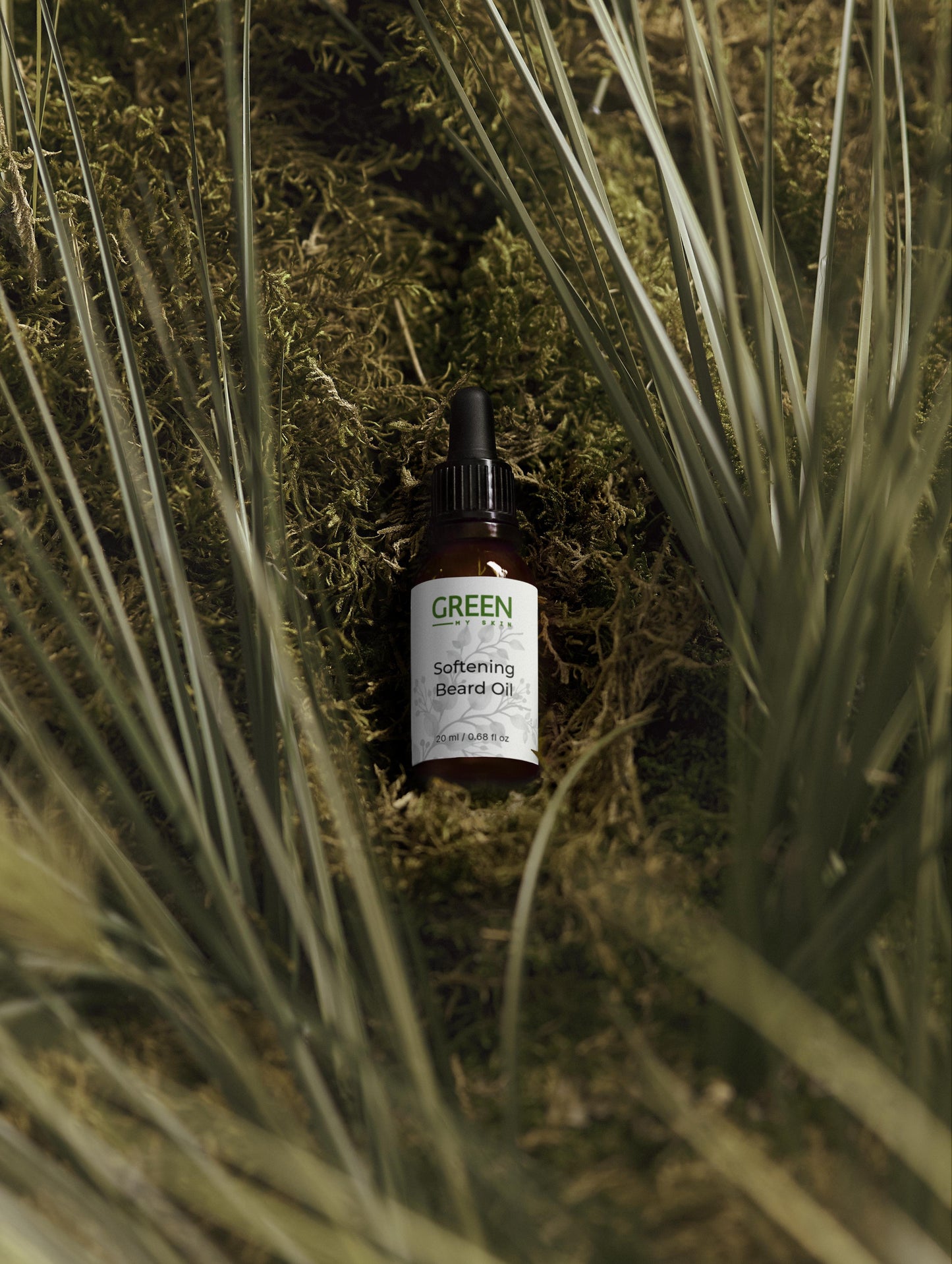 Vegan softening beard oil with organic, cruelty-free ingredients to nourish, hydrate, and tame facial hair, available at greenmyskin.com.