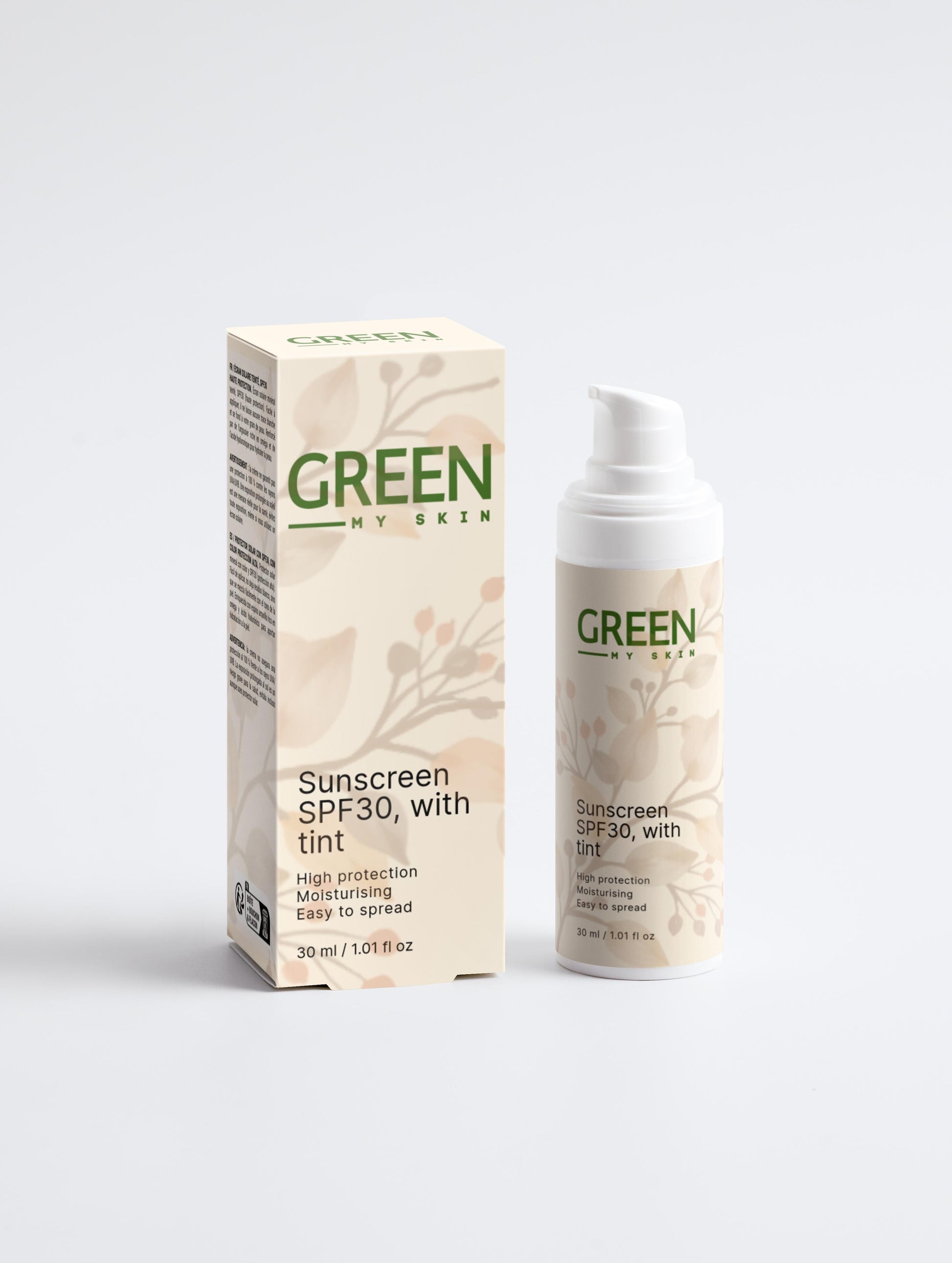 Vegan sunscreen SPF30 with a natural tint, made with organic, cruelty-free ingredients to protect, hydrate, and even out skin tone, available at greenmyskin.com.