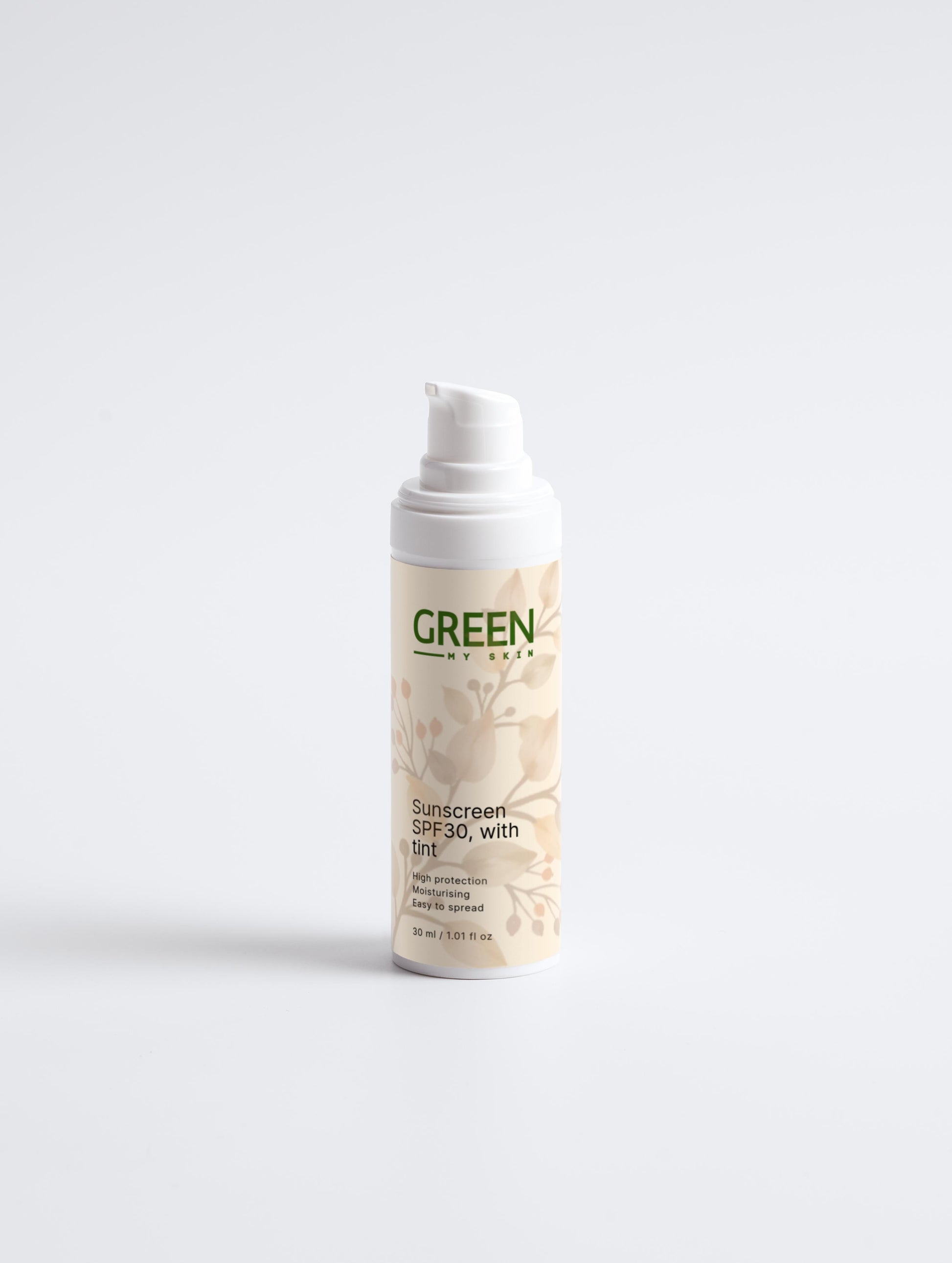 Vegan sunscreen SPF30 with a natural tint, made with organic, cruelty-free ingredients to protect, hydrate, and even out skin tone, available at greenmyskin.com.