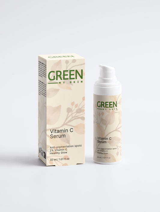 Vegan vitamin C serum with organic, cruelty-free ingredients to brighten, even skin tone, and reduce signs of aging, available at greenmyskin.com